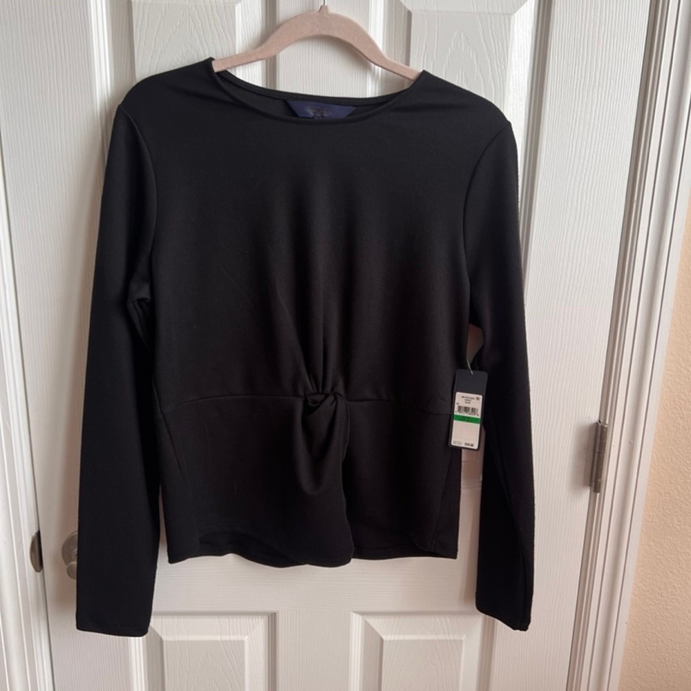 NEW‎ Rachel Roy Knot Front Top Long Sleeve Ribbed Blouse Black Size L